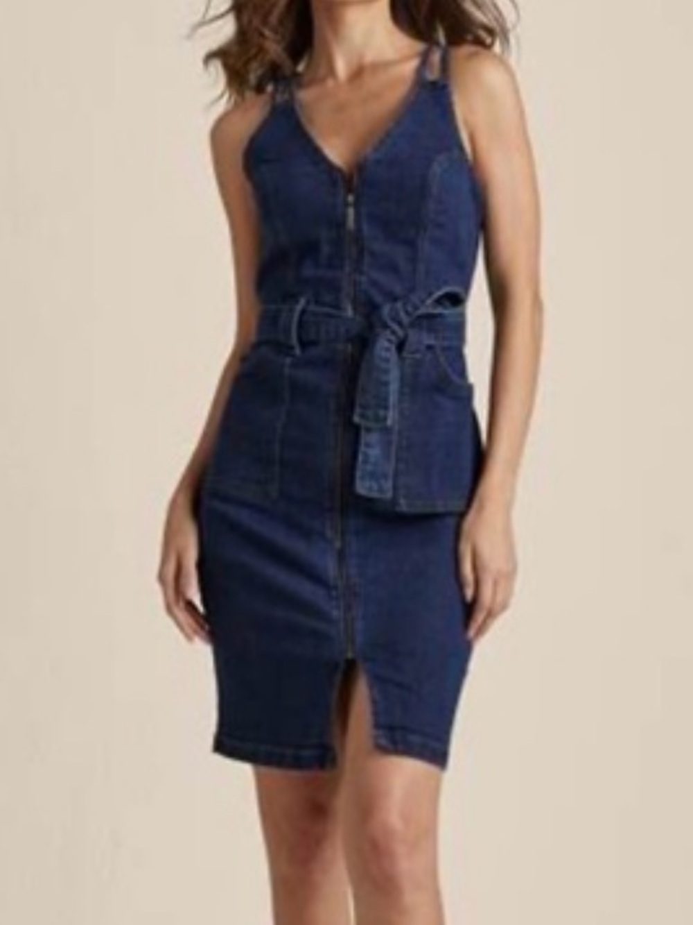 Venus Dress Womens 6 Blue Denim Belted Zip Front Pockets Pencil Knee Length